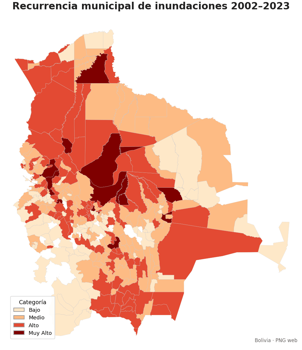 Recurrencia municipal de inundaciones 2002-2023 Bolivia
