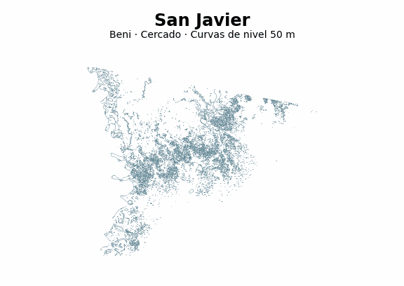 Curvas de nivel cada 50 m - Municipio de San Javier, Beni
