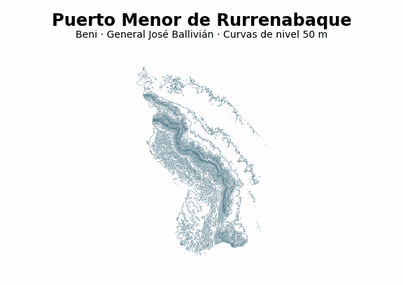 Curvas de nivel cada 50 m - Municipio de Puerto Menor de Rurrenabaque, Beni