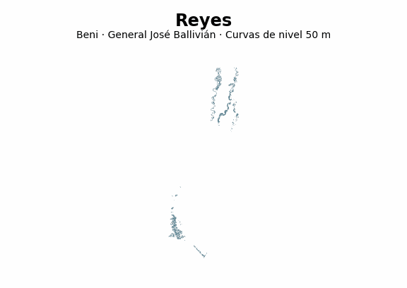 Curvas de nivel cada 50 m - Municipio de Reyes, Beni
