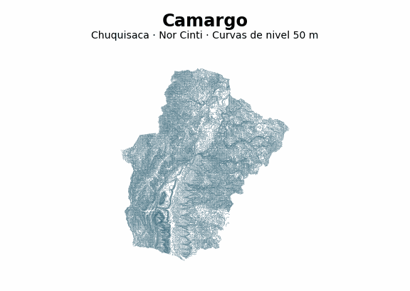 Curvas de nivel cada 50 m - Municipio de Camargo, Chuquisaca