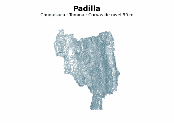 Curvas de nivel cada 50 m - Municipio de Padilla, Chuquisaca