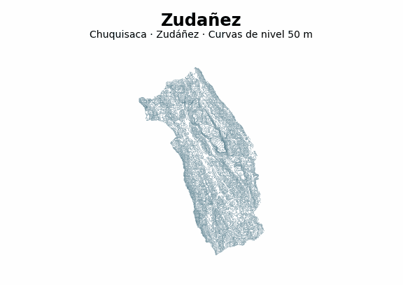 Curvas de nivel cada 50 m - Municipio de Zudañez, Chuquisaca