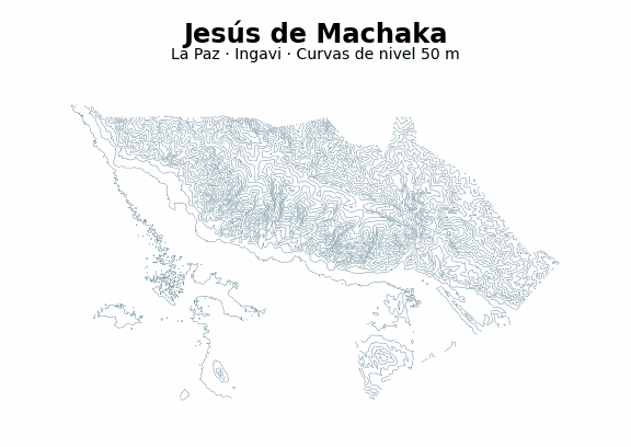 Curvas de nivel cada 50 m - Municipio de Jesús de Machaka, La Paz