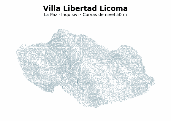 Curvas de nivel cada 50 m - Municipio de Villa Libertad Licoma, La Paz
