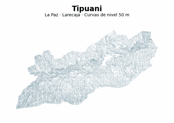 Curvas de nivel cada 50 m - Municipio de Tipuani, La Paz