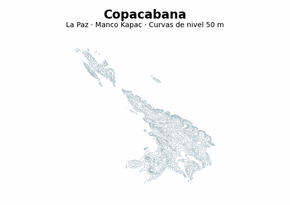 Curvas de nivel cada 50 m - Municipio de Copacabana, La Paz