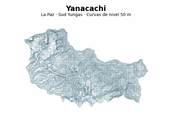 Curvas de nivel cada 50 m - Municipio de Yanacachi, La Paz