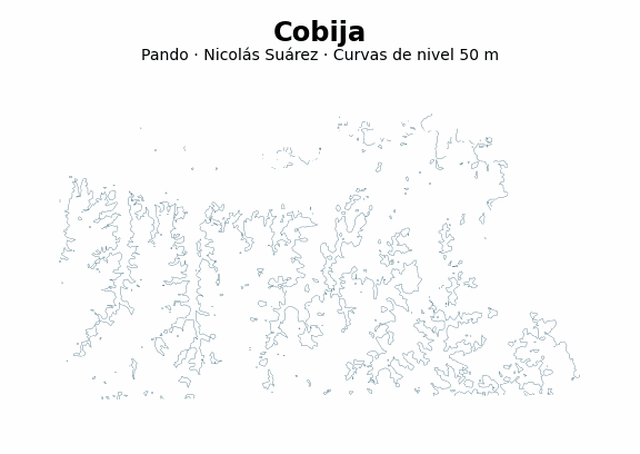 Curvas de nivel cada 50 m - Municipio de Cobija, Pando
