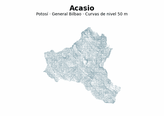 Curvas de nivel cada 50 m - Municipio de Acasio, Potosí