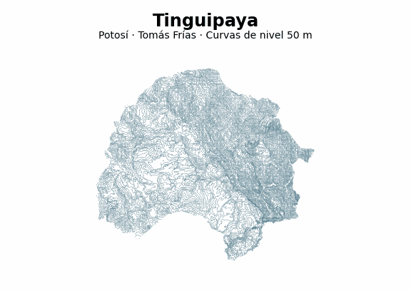 Curvas de nivel cada 50 m - Municipio de Tinguipaya, Potosí