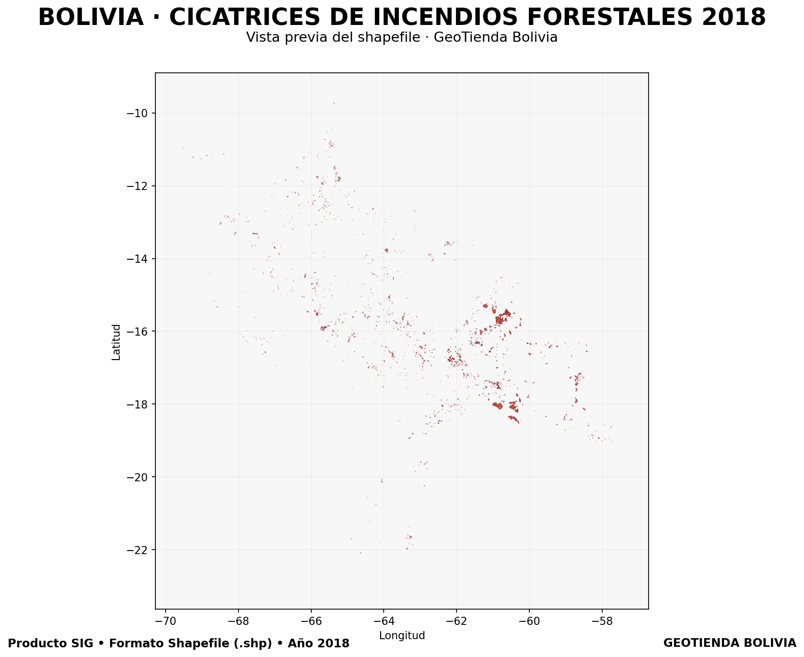 Mapa SIG de Cicatrices de incendios forestales Bolivia 2018, Bolivia - shapefile SHP