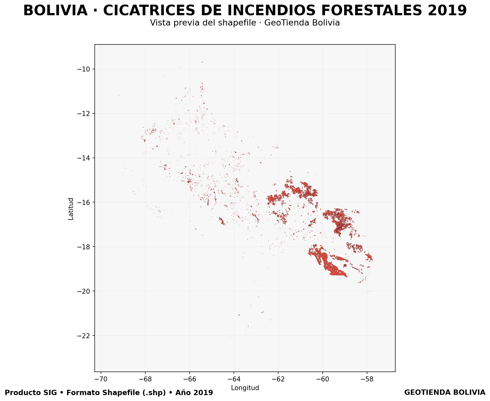 Mapa SIG de Cicatrices de incendios forestales Bolivia 2019, Bolivia - shapefile SHP