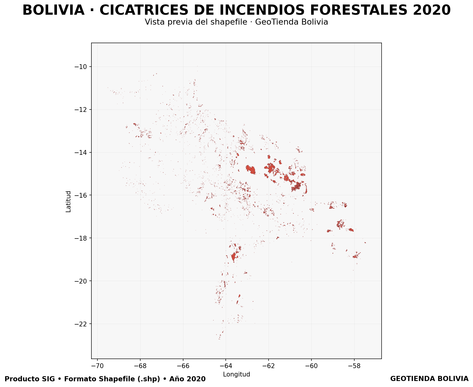 Mapa SIG de Cicatrices de incendios forestales Bolivia 2020, Bolivia - shapefile SHP