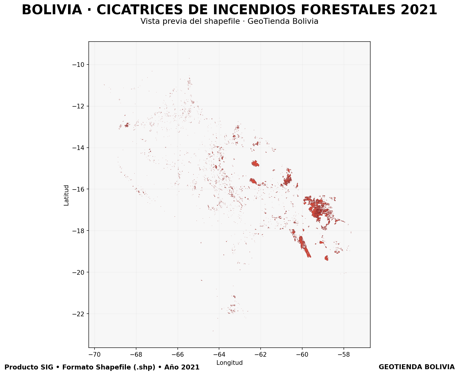 Mapa SIG de Cicatrices de incendios forestales Bolivia 2021, Bolivia - shapefile SHP