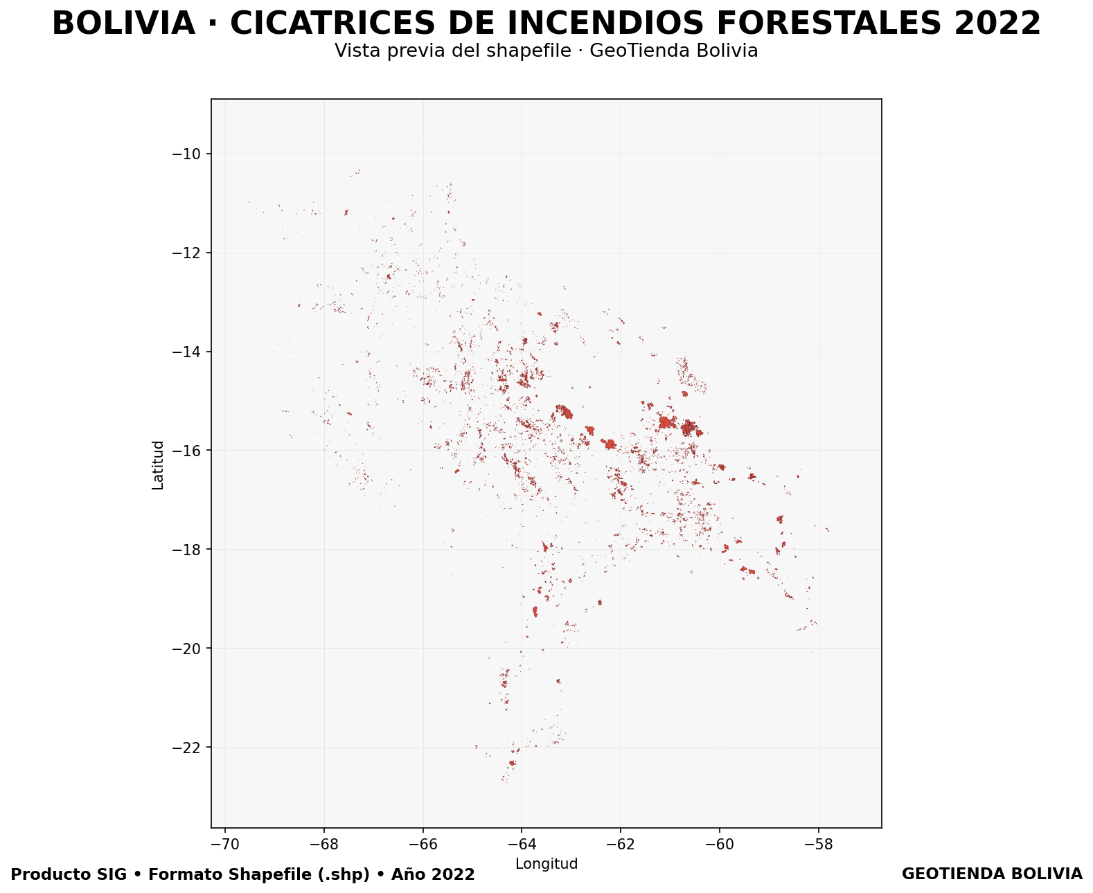 Mapa SIG de Cicatrices de incendios forestales Bolivia 2022, Bolivia - shapefile SHP