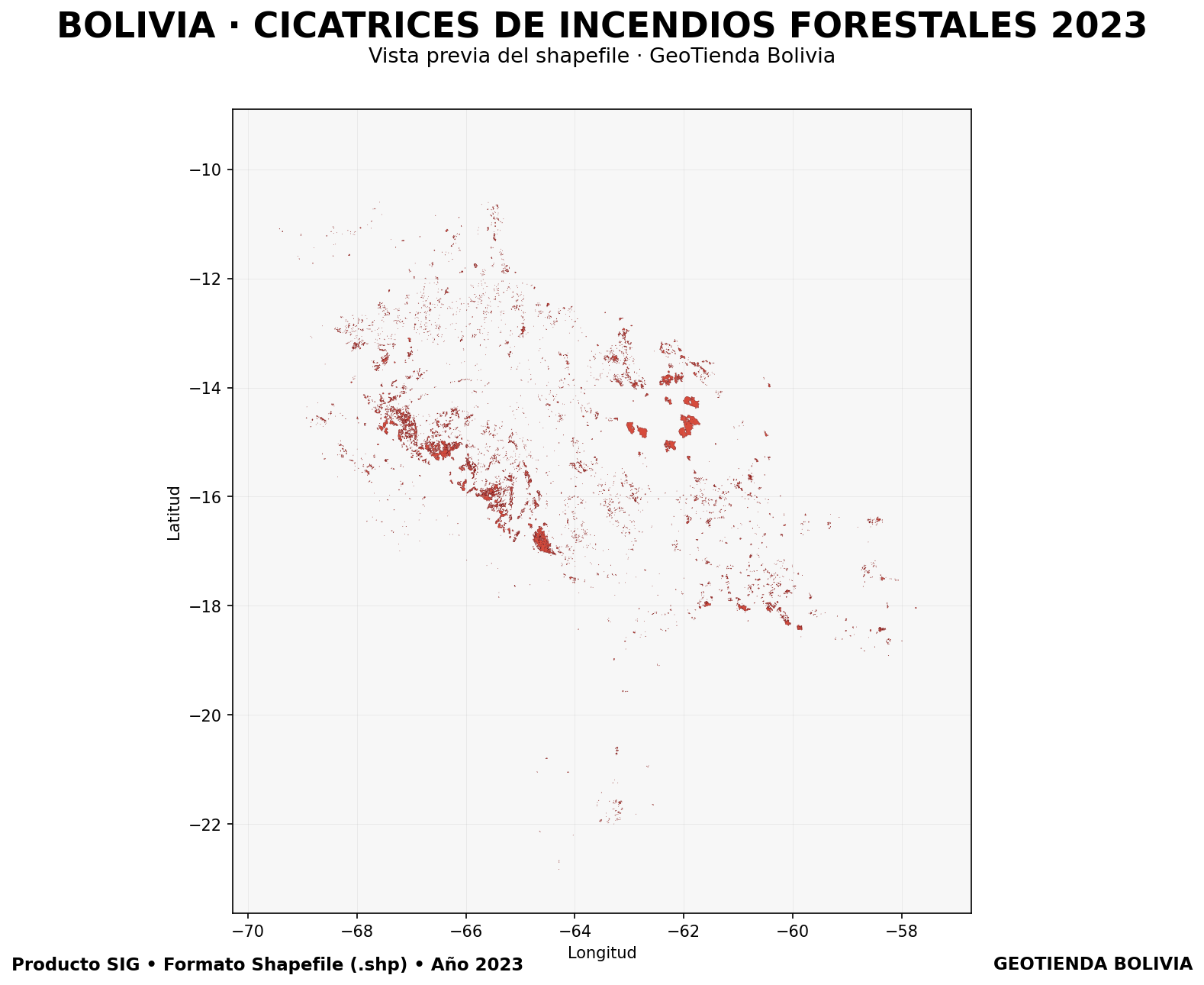 Mapa SIG de Cicatrices de incendios forestales Bolivia 2023, Bolivia - shapefile SHP