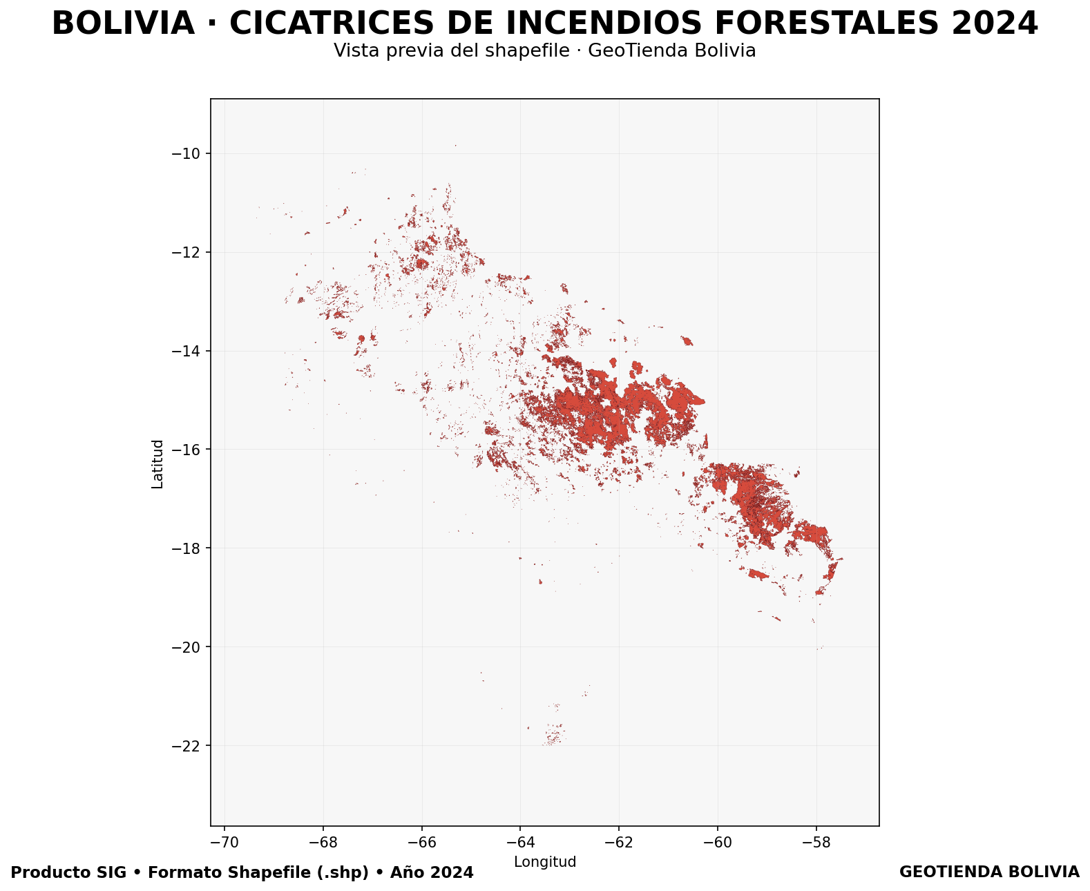 Mapa SIG de Cicatrices de incendios forestales Bolivia 2024, Bolivia - shapefile SHP