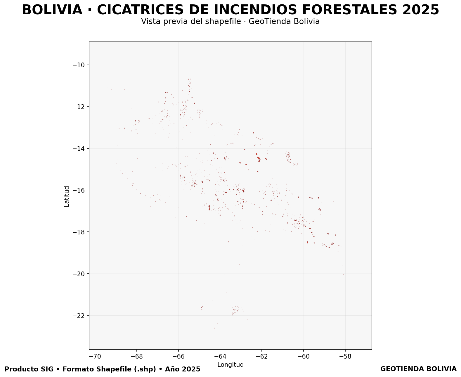 Mapa SIG de Cicatrices de incendios forestales Bolivia 2025, Bolivia - shapefile SHP