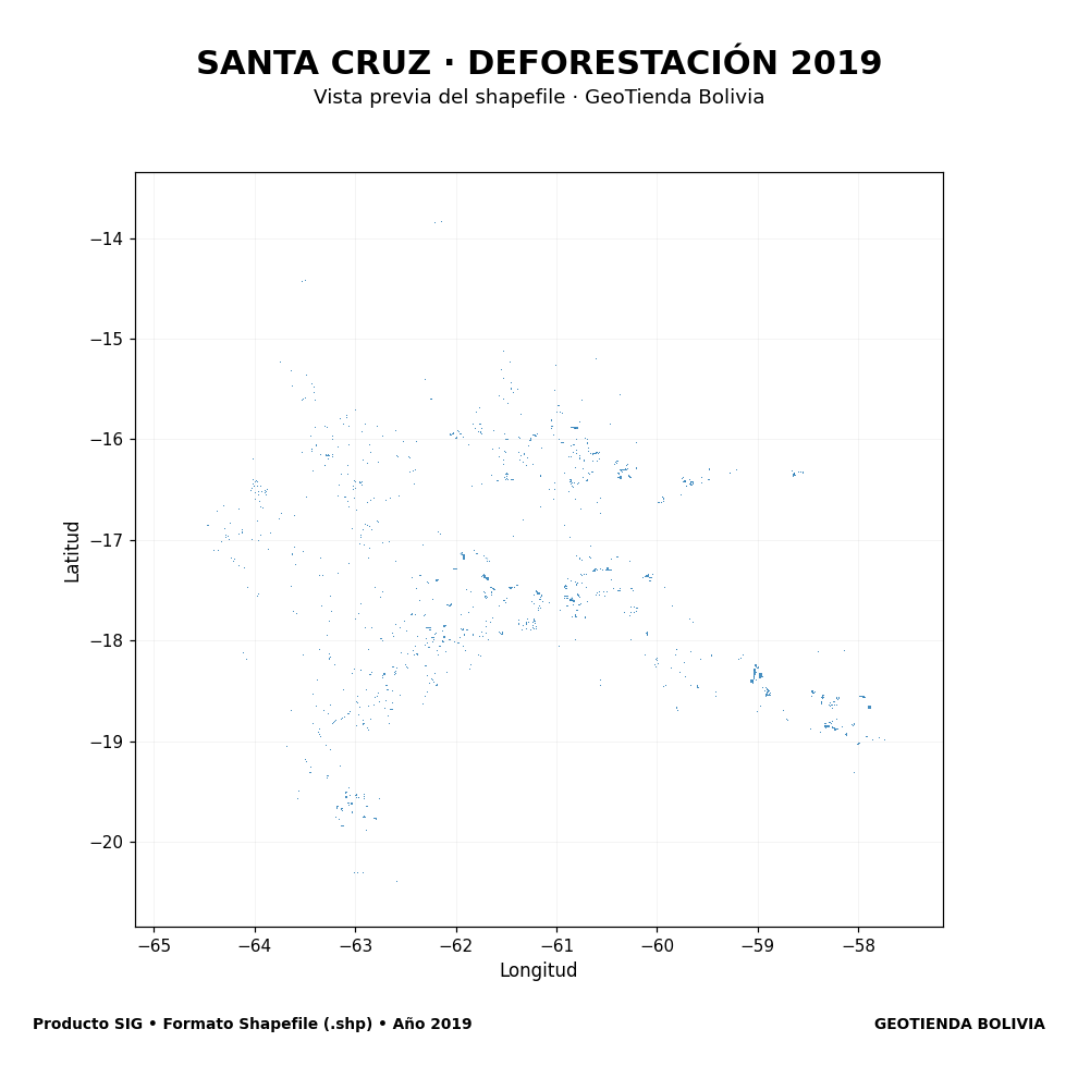 Mapa SIG de Deforestación Santa Cruz 2019, Bolivia - shapefile SHP