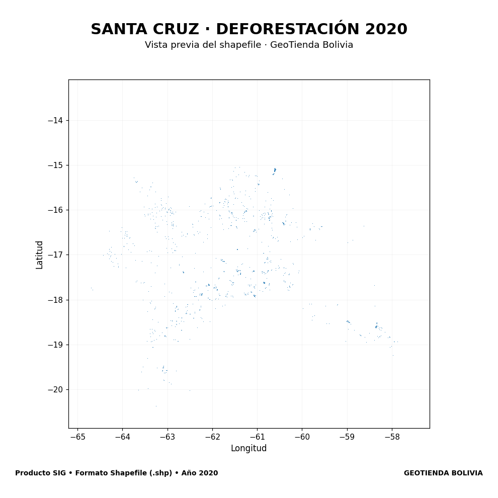 Mapa SIG de Deforestación Santa Cruz 2020, Bolivia - shapefile SHP
