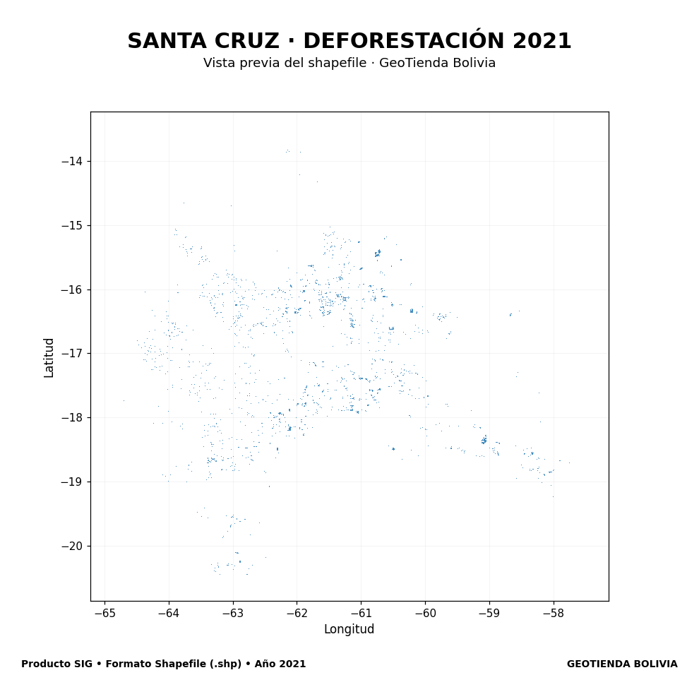 Mapa SIG de Deforestación Santa Cruz 2021, Bolivia - shapefile SHP