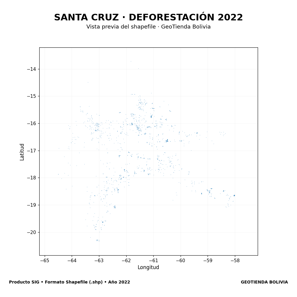 Mapa SIG de Deforestación Santa Cruz 2022, Bolivia - shapefile SHP