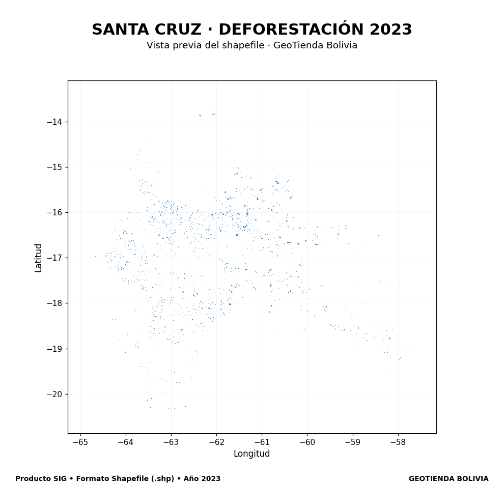 Mapa SIG de Deforestación Santa Cruz 2023, Bolivia - shapefile SHP
