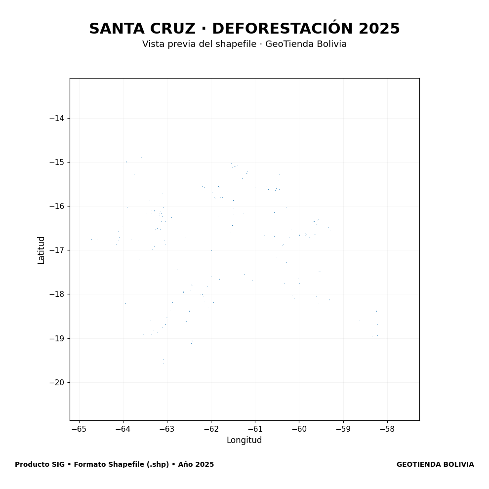 Mapa SIG de Deforestación Santa Cruz 2025, Bolivia - shapefile SHP