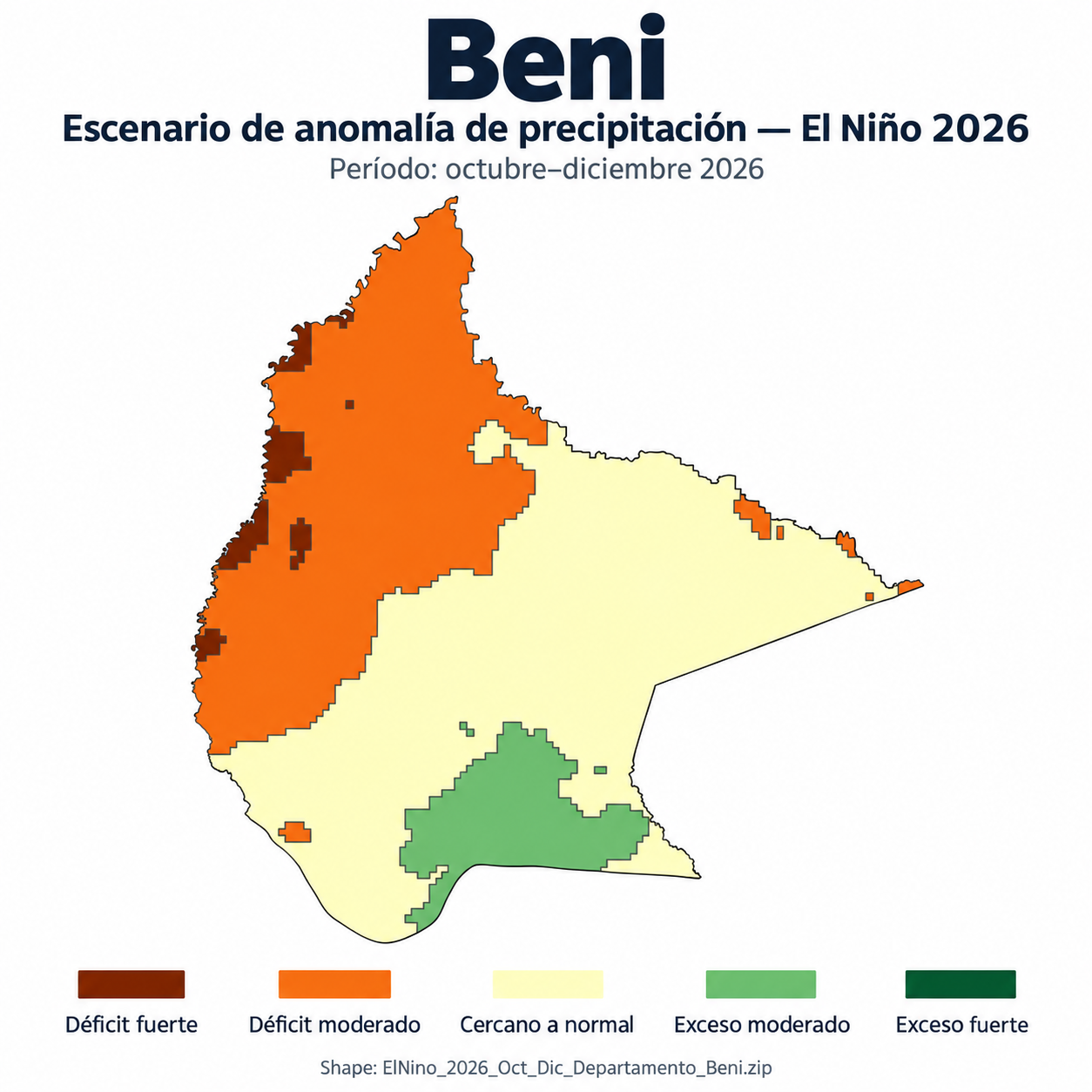 Mapa SIG de Escenario de anomalía de precipitación El Niño – Beni – Oct-Dic 2026, Bolivia - shapefile SHP