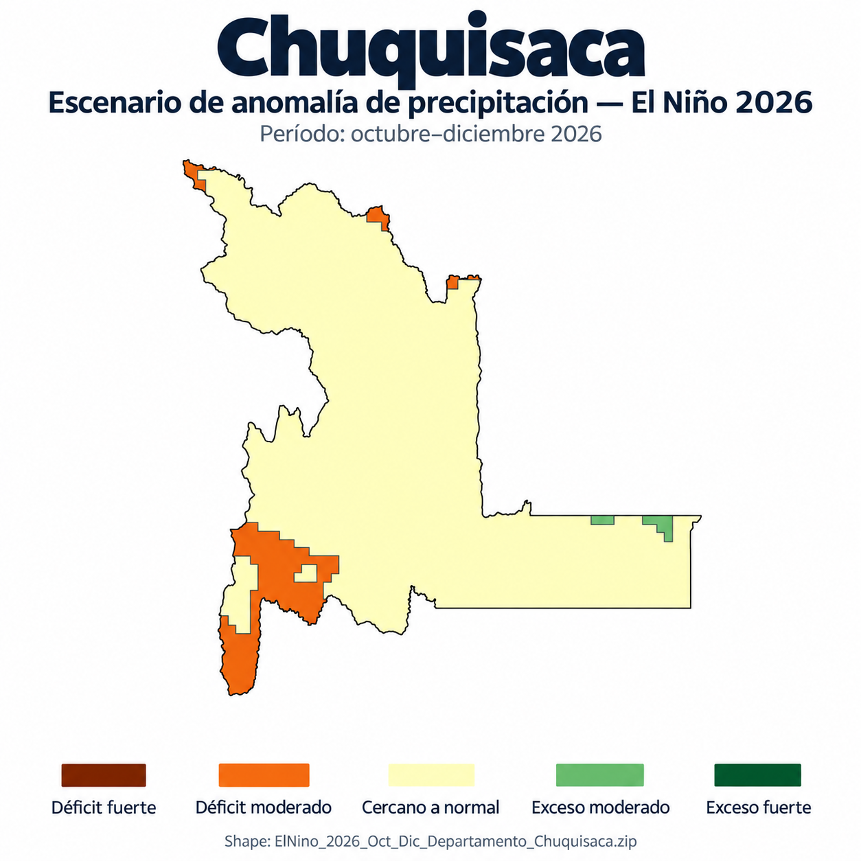Mapa SIG de Escenario de anomalía de precipitación El Niño – Chuquisaca – Oct-Dic 2026, Bolivia - shapefile SHP