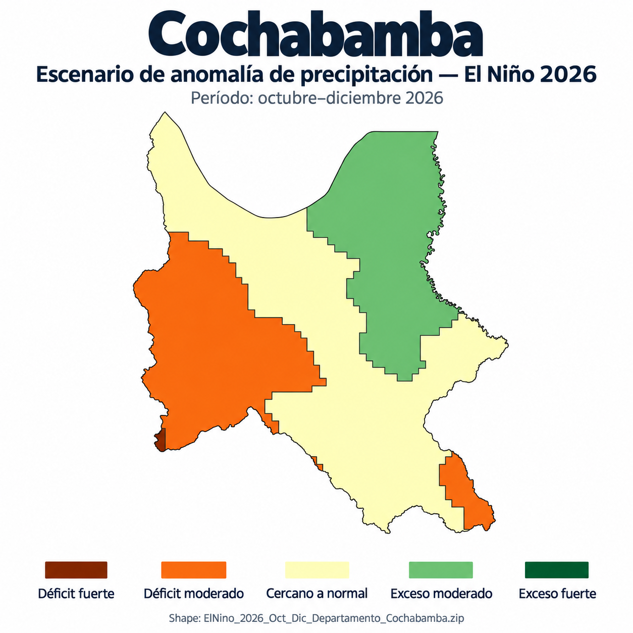 Mapa SIG de Escenario de anomalía de precipitación El Niño – Cochabamba – Oct-Dic 2026, Bolivia - shapefile SHP