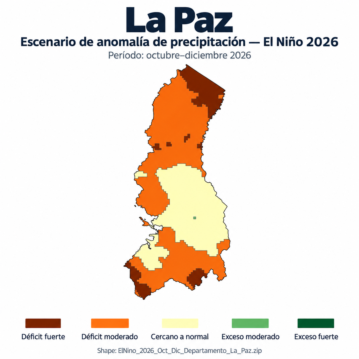 Mapa SIG de Escenario de anomalía de precipitación El Niño – La Paz – Oct-Dic 2026, Bolivia - shapefile SHP