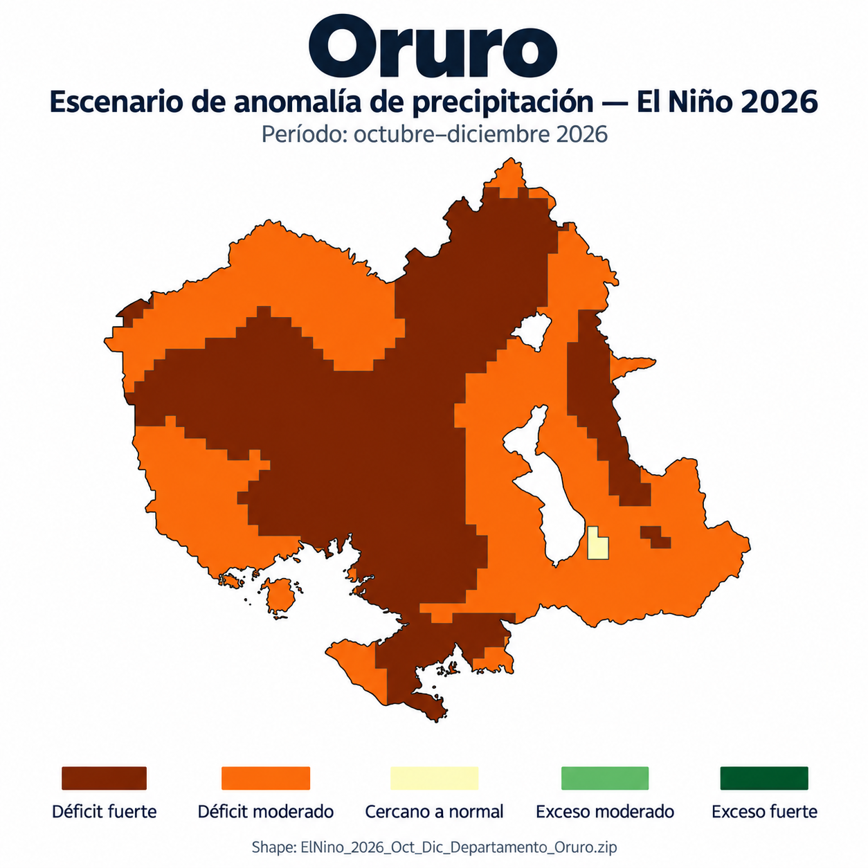 Mapa SIG de Escenario de anomalía de precipitación El Niño – Oruro – Oct-Dic 2026, Bolivia - shapefile SHP