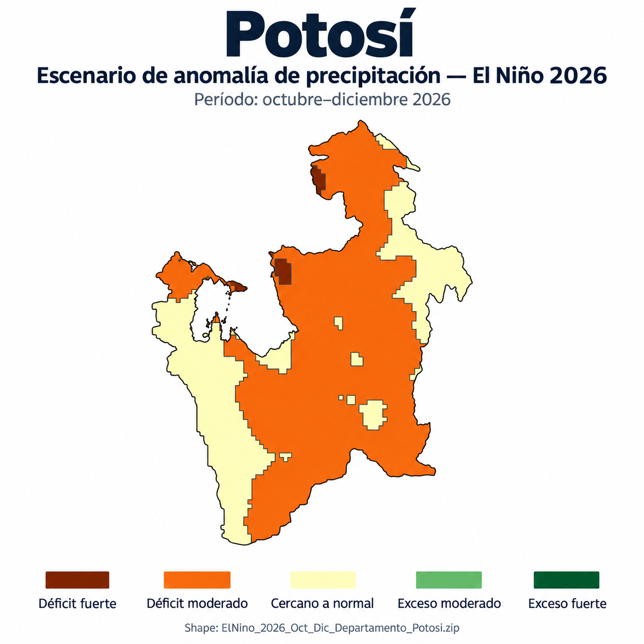 Mapa SIG de Escenario de anomalía de precipitación El Niño – Potosi – Oct-Dic 2026, Bolivia - shapefile SHP