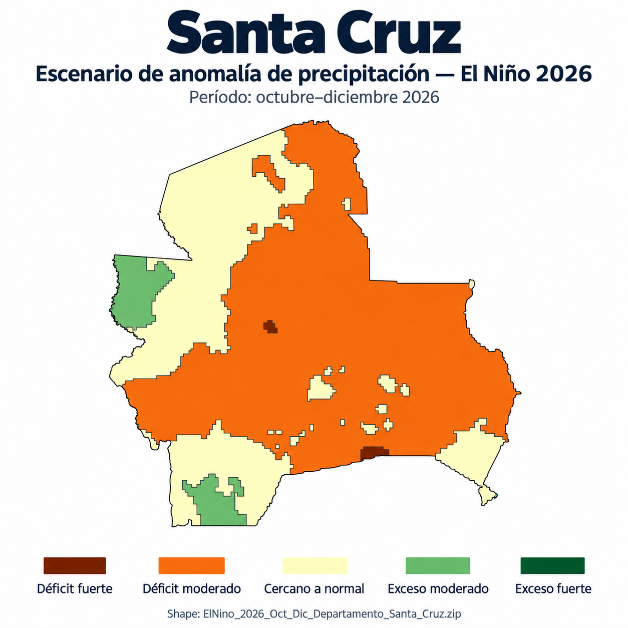 Mapa SIG de Escenario de anomalía de precipitación El Niño – Santa Cruz – Oct-Dic 2026, Bolivia - shapefile SHP