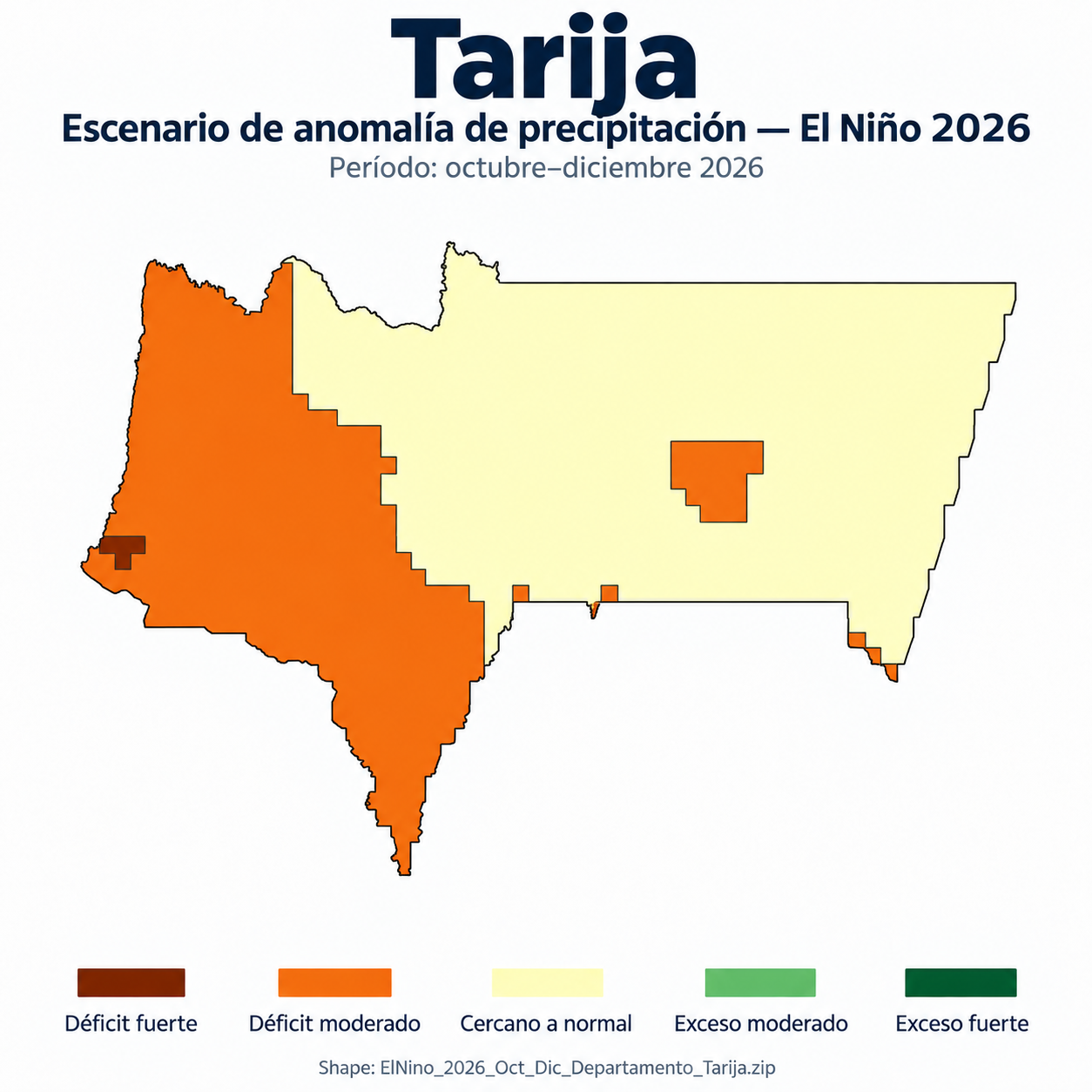 Mapa SIG de Escenario de anomalía de precipitación El Niño – Tarija – Oct-Dic 2026, Bolivia - shapefile SHP