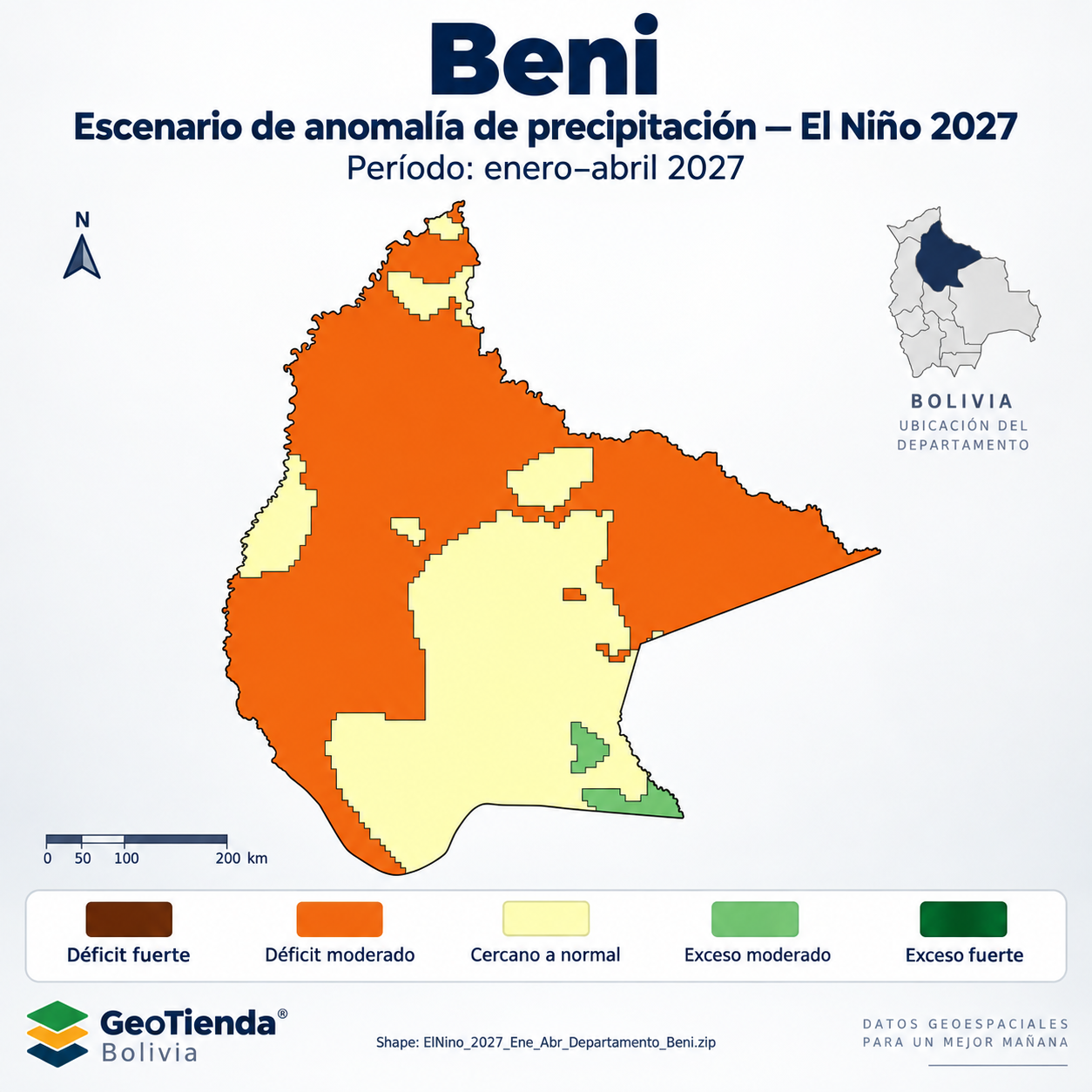 Mapa SIG de Escenario de anomalía de precipitación El Niño – Beni – Ene-Abr 2027, Bolivia - shapefile SHP