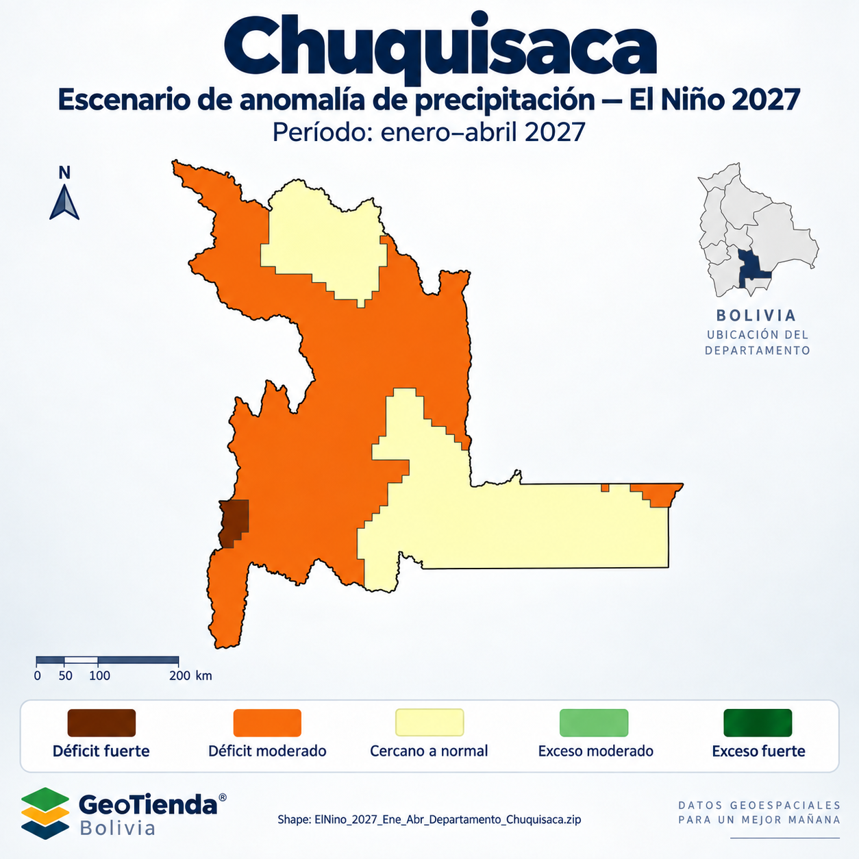 Mapa SIG de Escenario de anomalía de precipitación El Niño – Chuquisaca – Ene-Abr 2027, Bolivia - shapefile SHP