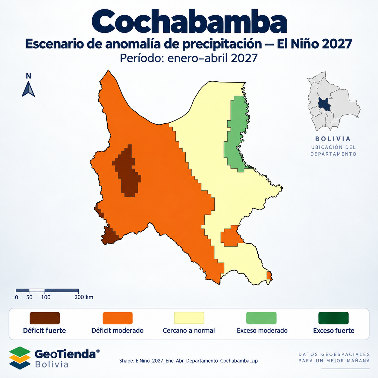 Mapa SIG de Escenario de anomalía de precipitación El Niño – Cochabamba – Ene-Abr 2027, Bolivia - shapefile SHP