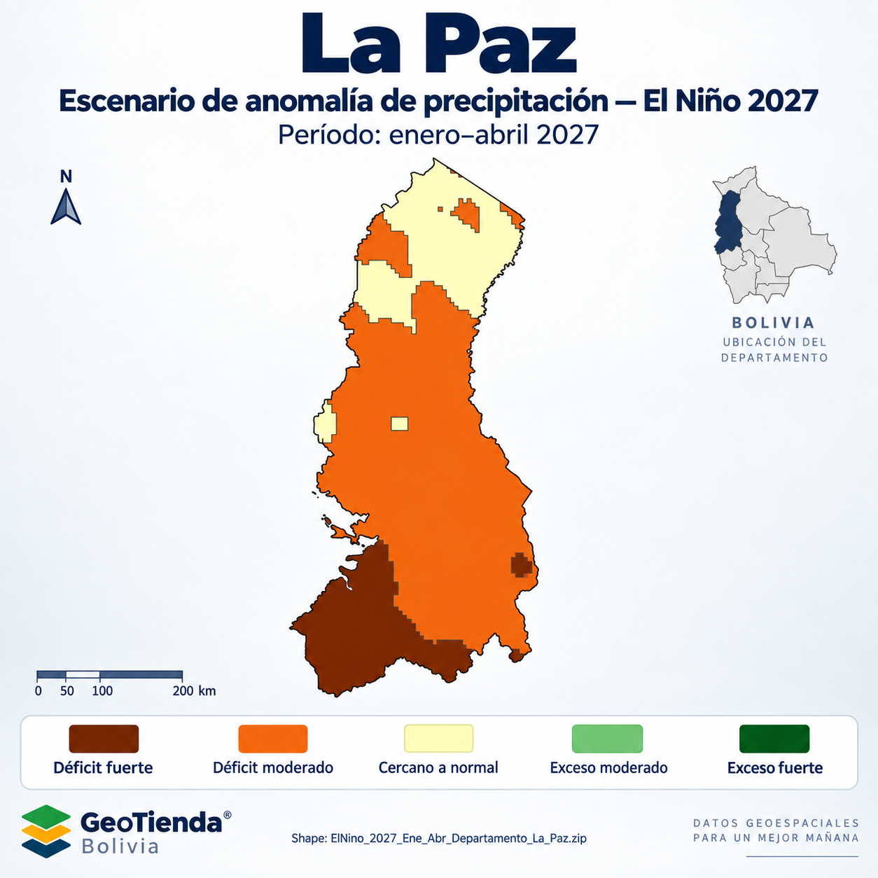 Mapa SIG de Escenario de anomalía de precipitación El Niño – La Paz – Ene-Abr 2027, Bolivia - shapefile SHP