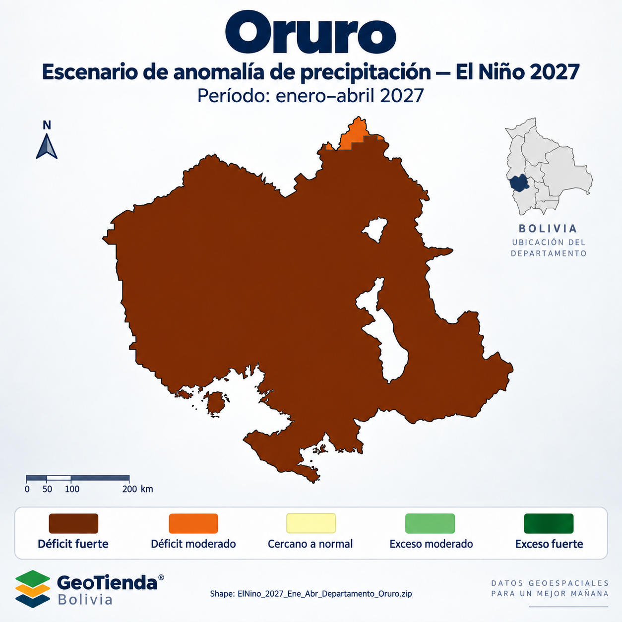 Mapa SIG de Escenario de anomalía de precipitación El Niño – Oruro – Ene-Abr 2027, Bolivia - shapefile SHP