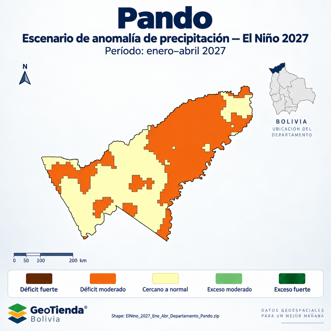 Mapa SIG de Escenario de anomalía de precipitación El Niño – Pando – Ene-Abr 2027, Bolivia - shapefile SHP