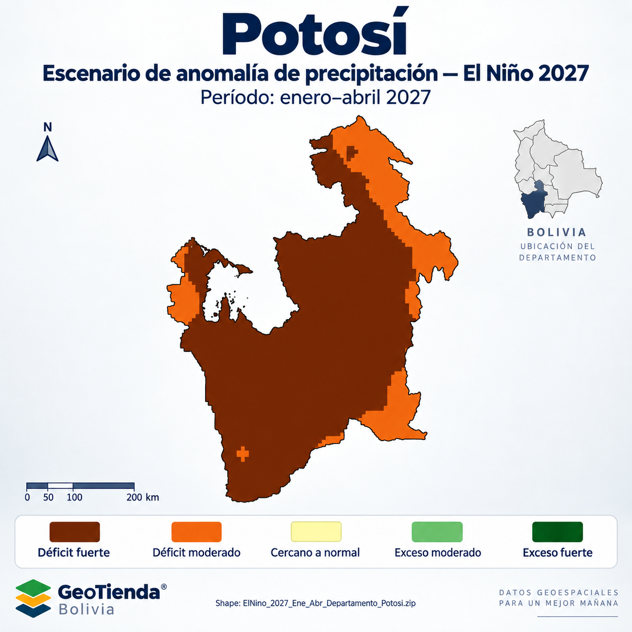 Mapa SIG de Escenario de anomalía de precipitación El Niño – Potosi – Ene-Abr 2027, Bolivia - shapefile SHP