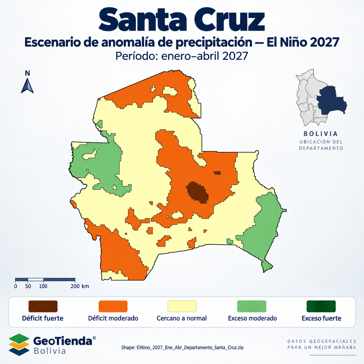 Mapa SIG de Escenario de anomalía de precipitación El Niño – Santa Cruz – Ene-Abr 2027, Bolivia - shapefile SHP