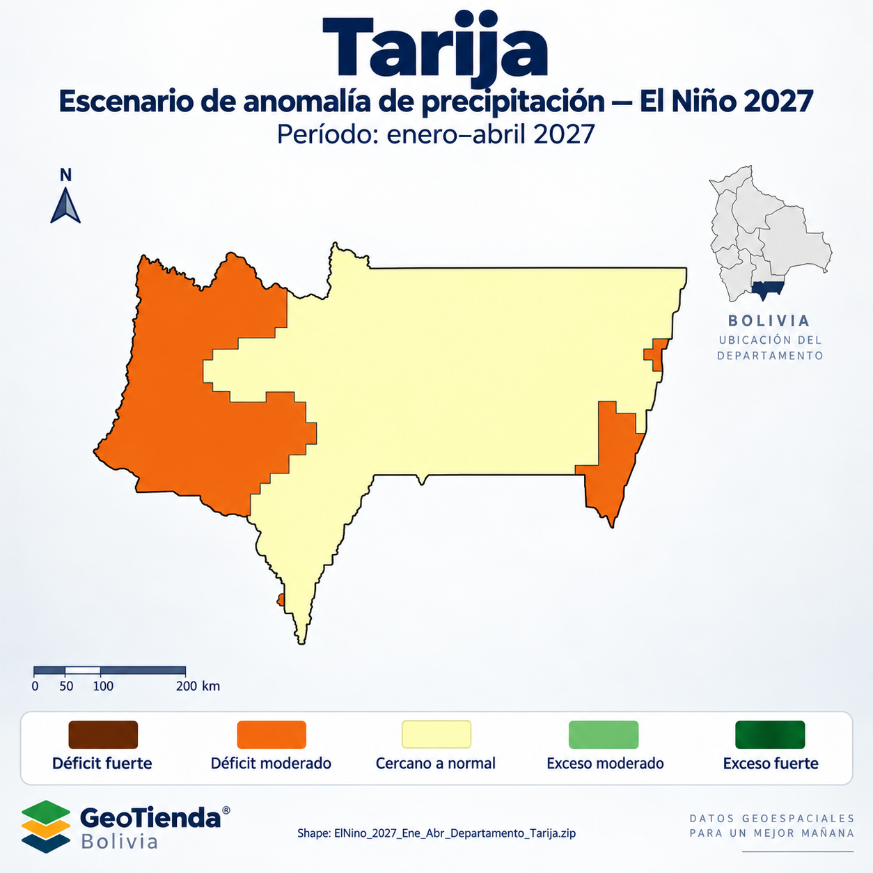 Mapa SIG de Escenario de anomalía de precipitación El Niño – Tarija – Ene-Abr 2027, Bolivia - shapefile SHP